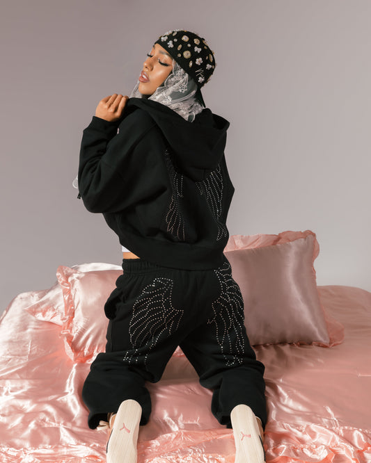 Original Sin Angel Wings Fleece Zip Up Womens Hoodie - (Black/Pink)