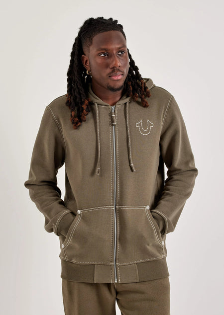 True Religion Big-T Full-Zip Fleece Hoodie — shown on model
