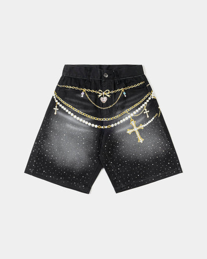 Original Sin Waistchain Washed Denim Womens Shorts (Grey/Gold)
