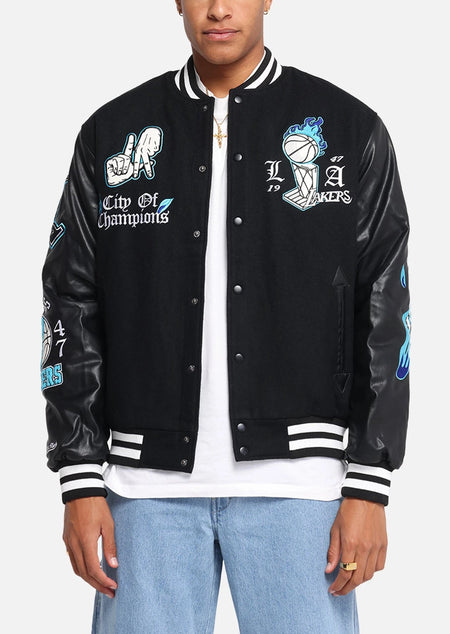 Mitchell & Ness Los Angeles Lakers City Of Champions Varsity Jacket Black — shown on model