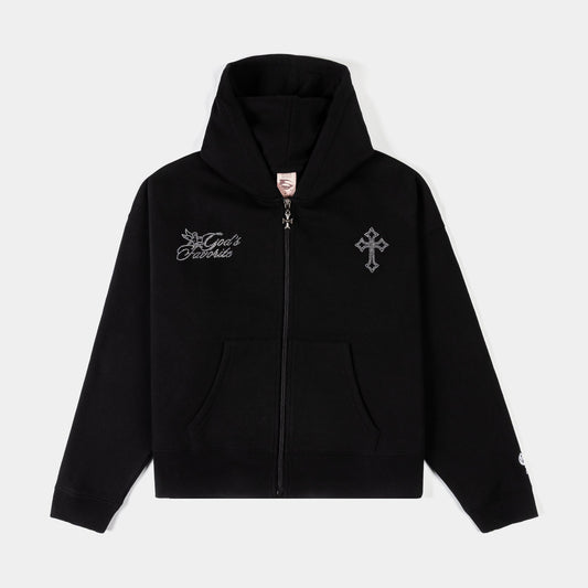 Maison Article Mary Tears Cropped Zip Up Fleece Womens Hoodie (Black/Black)