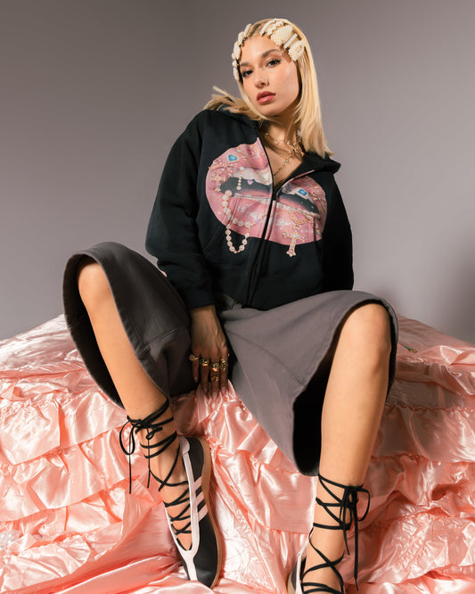 Original Sin Spoiled Lips Full Zip Womens Hoodie (Black/Pink)