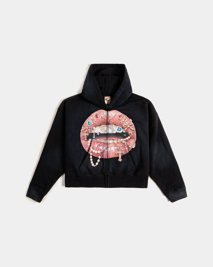 Original Sin Spoiled Lips Full Zip Womens Hoodie (Black/Pink)
