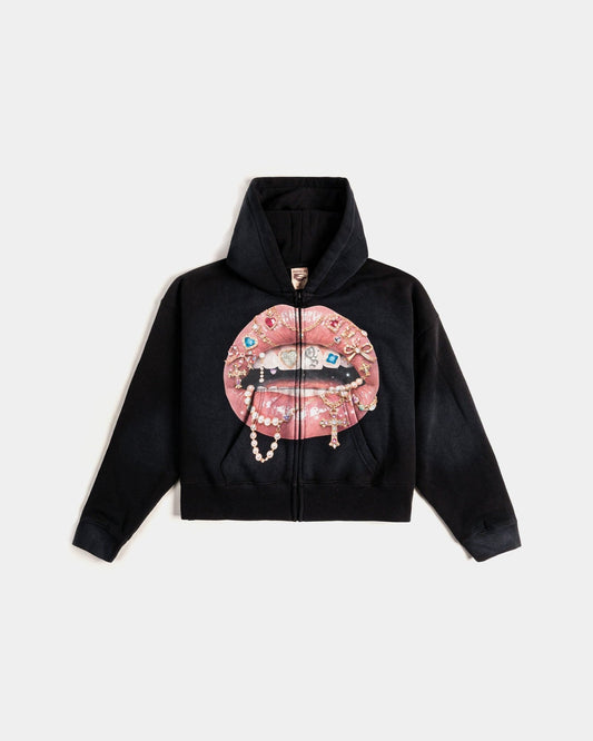 Original Sin Spoiled Lips Full Zip Womens Hoodie (Black/Pink)