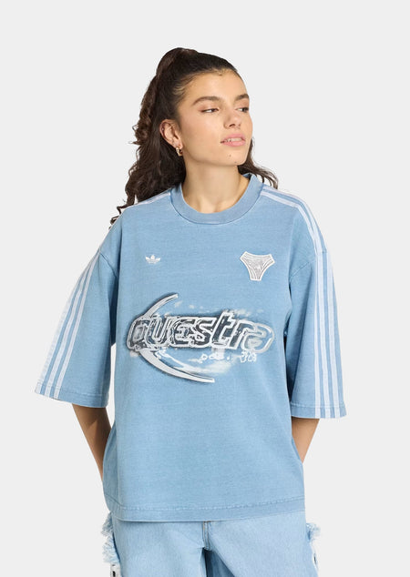 adidas Adilenium Season 5 Oversized Denim Womens Short Sleeve Shirt (Light Blue) — shown on model