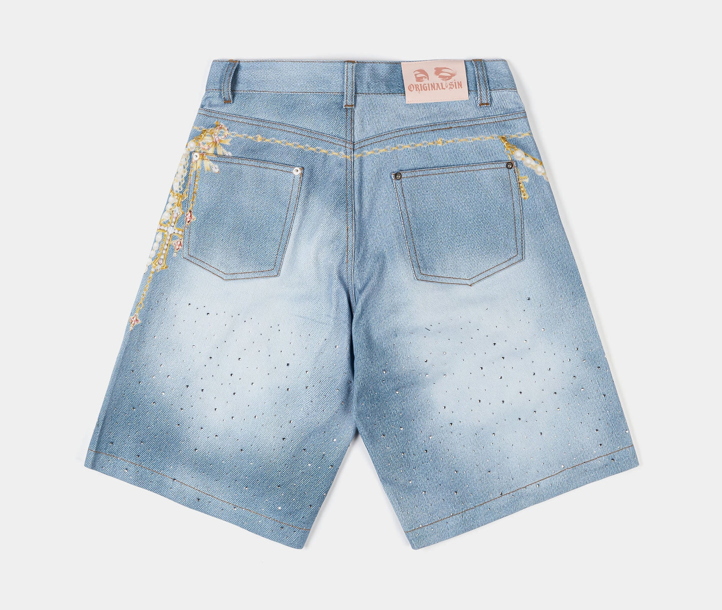 Original Sin Waistchain Denim Womens Shorts (Blue/Gold)