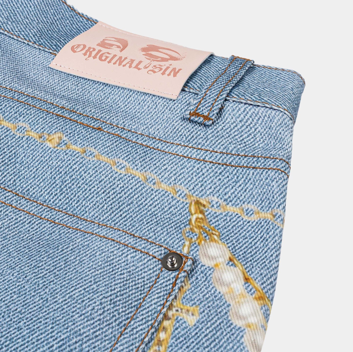 Original Sin Waistchain Denim Womens Shorts (Blue/Gold)