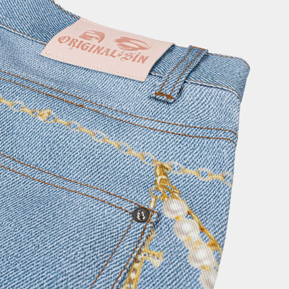 Original Sin Waistchain Denim Womens Shorts (Blue/Gold)