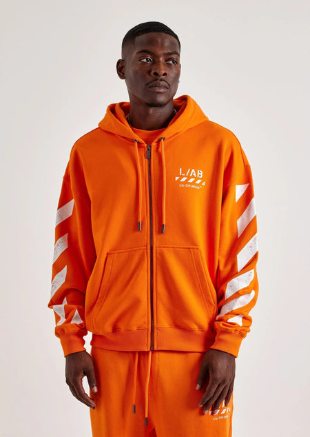 Off-White L/AB Diagonal Full-Zip Fleece Hoodie — shown on model