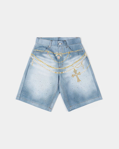 Original Sin Waistchain Denim Womens Shorts (Blue/Gold)