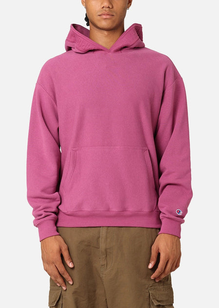 Champion Reverse Weave Terry Tape Hoodie Berry — shown on model