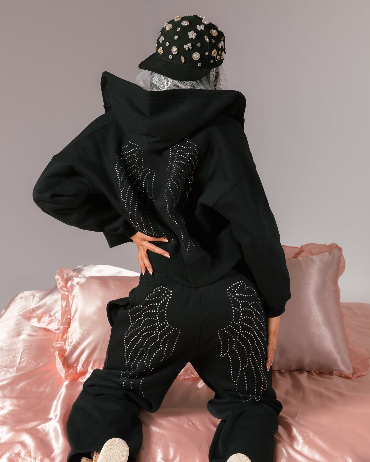 Original Sin Angel Wings Fleece Womens Sweatpants (Black/Pink)