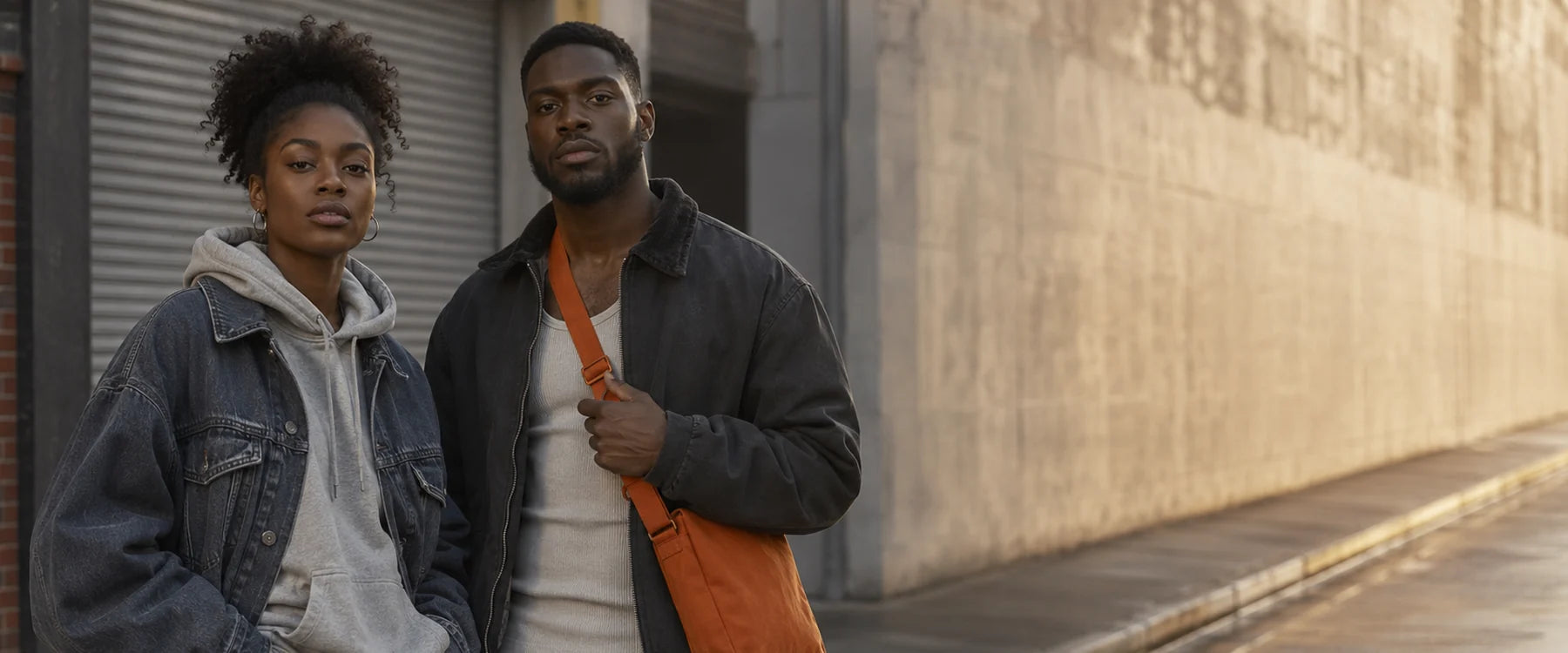 New arrivals at Curbstruck - two people in layered streetwear on a city street at golden hour