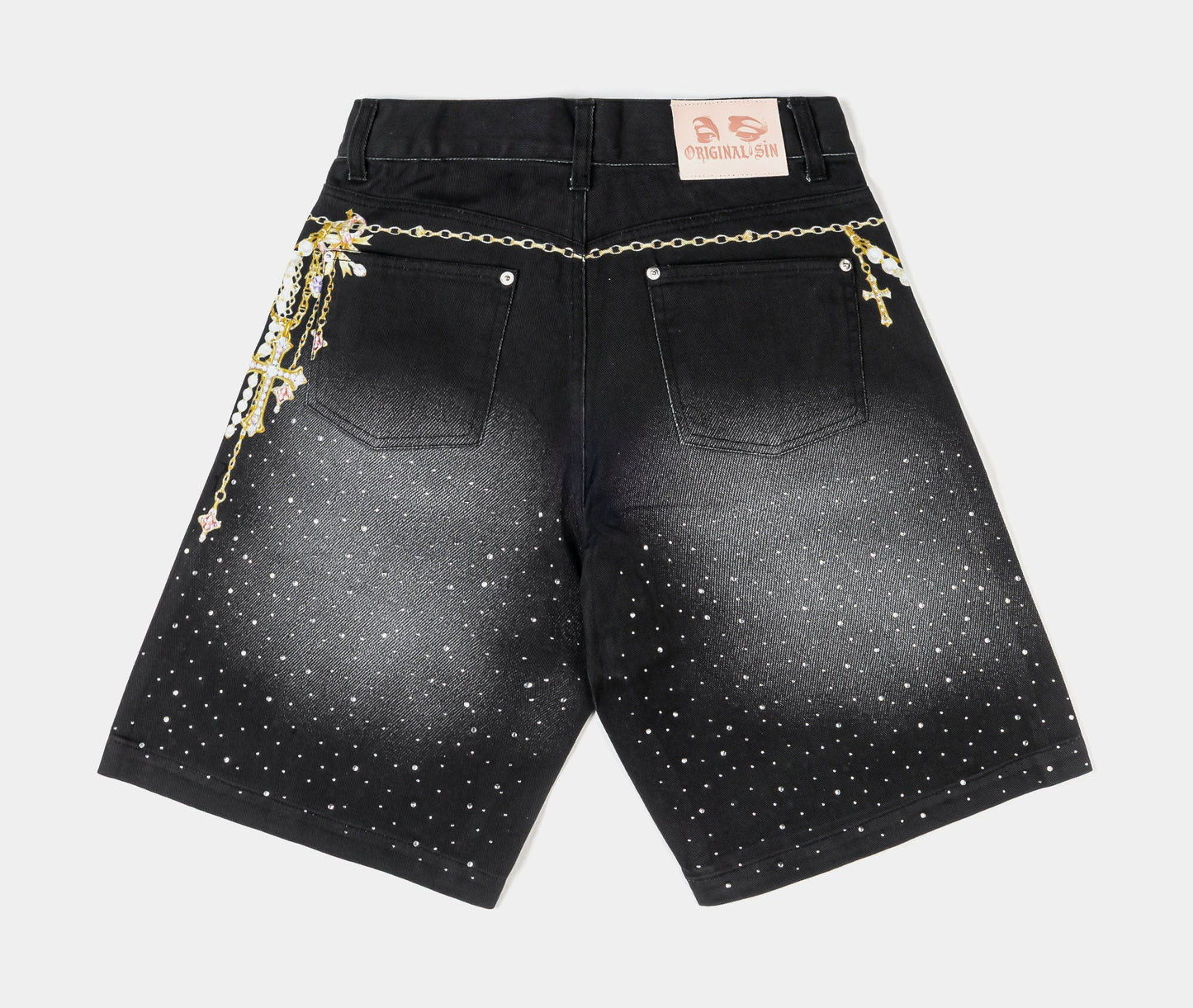 Original Sin Waistchain Washed Denim Womens Shorts (Grey/Gold)