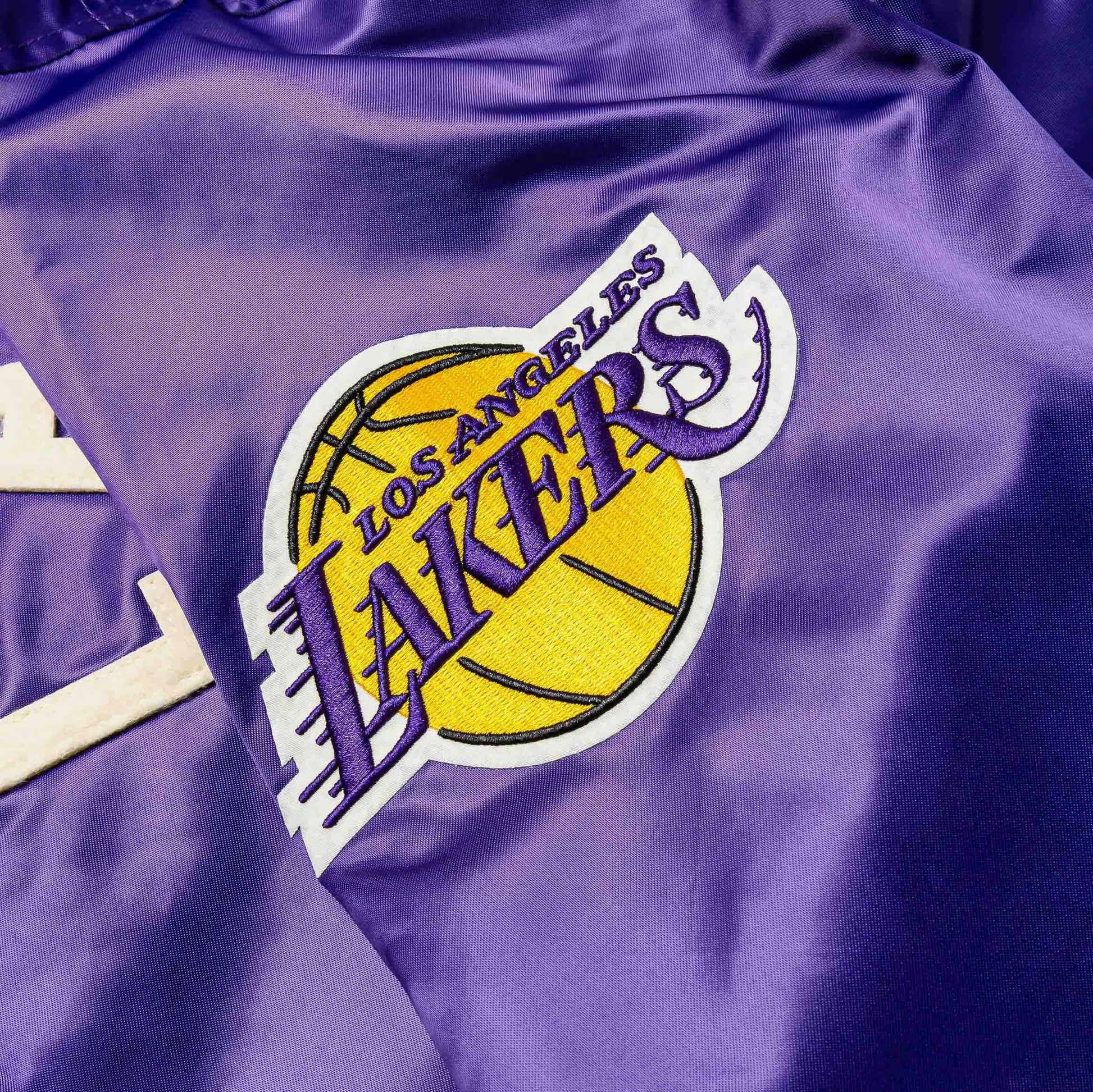 NBA Los Angeles Lakers Original Satin Varsity Mens Jacket in Purple / Yellow — view 4 of 5