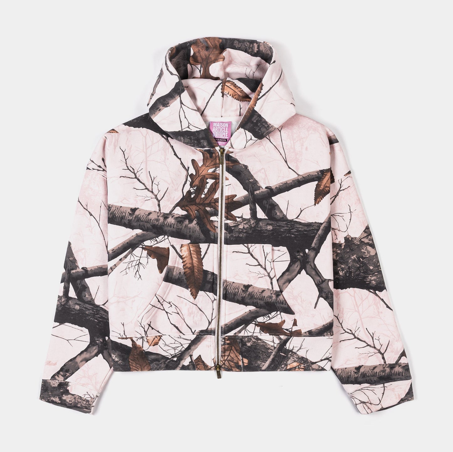Maison Article Camo Fleece Cropped Zip Up Womens Hoodie (Pink/Brown)